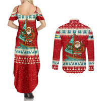 Bahamas Christmas Couples Matching Summer Maxi Dress and Long Sleeve Button Shirt with Red Festive Pattern Sailing Santa and National Flag Motif - Wonder Print Shop