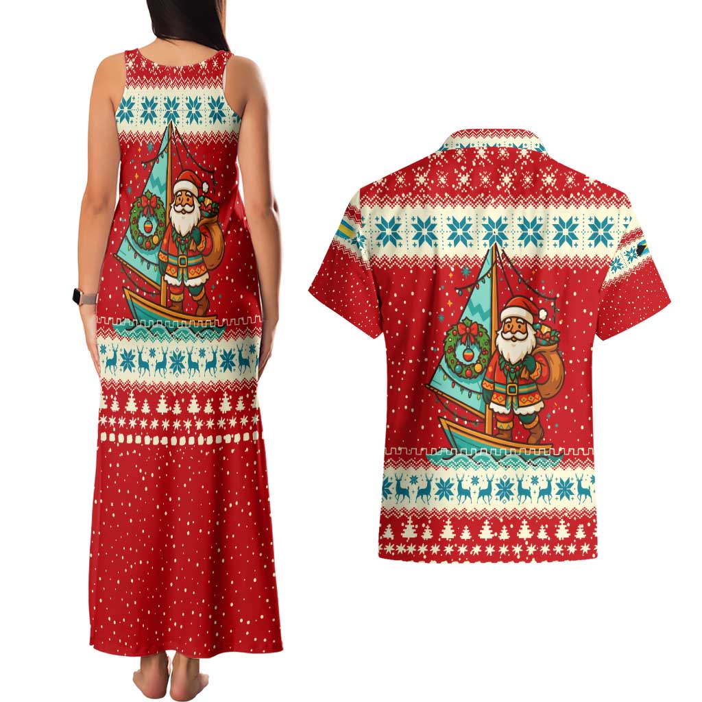 Bahamas Christmas Couples Matching Tank Maxi Dress and Hawaiian Shirt with Red Festive Pattern Sailing Santa and National Flag Motif - Wonder Print Shop