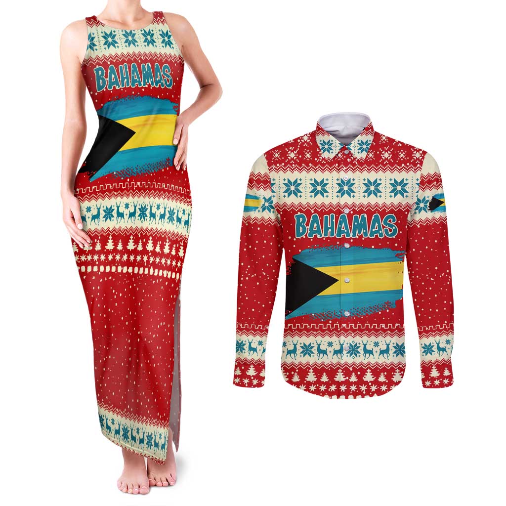Bahamas Christmas Couples Matching Tank Maxi Dress and Long Sleeve Button Shirt with Red Festive Pattern Sailing Santa and National Flag Motif - Wonder Print Shop