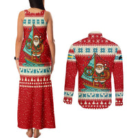Bahamas Christmas Couples Matching Tank Maxi Dress and Long Sleeve Button Shirt with Red Festive Pattern Sailing Santa and National Flag Motif - Wonder Print Shop