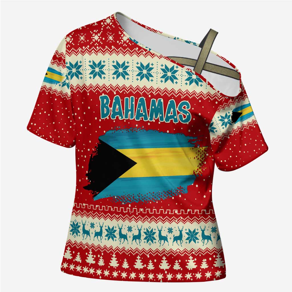 Bahamas Christmas Cross Shoulder Shirt with Red Festive Pattern Sailing Santa and National Flag Motif - Wonder Print Shop
