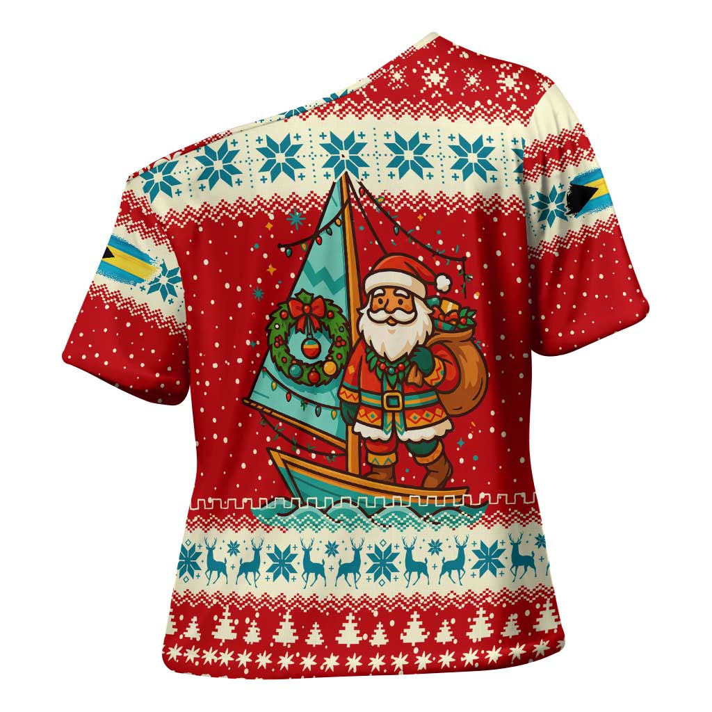Bahamas Christmas Cross Shoulder Shirt with Red Festive Pattern Sailing Santa and National Flag Motif - Wonder Print Shop