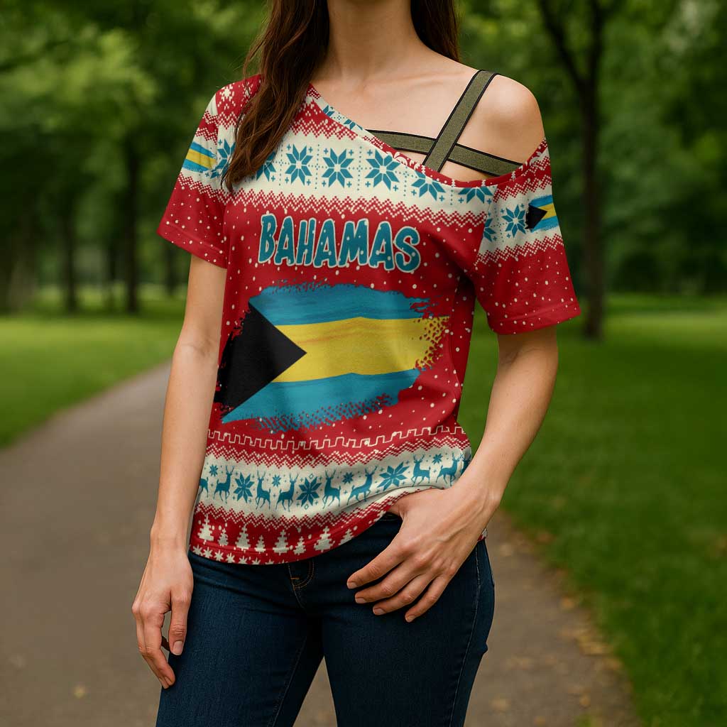 Bahamas Christmas Cross Shoulder Shirt with Red Festive Pattern Sailing Santa and National Flag Motif - Wonder Print Shop