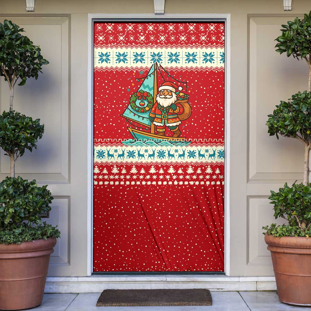 Bahamas Christmas Door Cover with Red Festive Pattern Sailing Santa and National Flag Motif - Wonder Print Shop