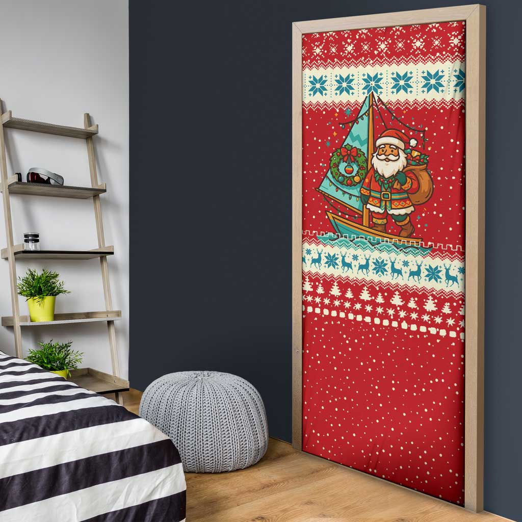 Bahamas Christmas Door Cover with Red Festive Pattern Sailing Santa and National Flag Motif - Wonder Print Shop