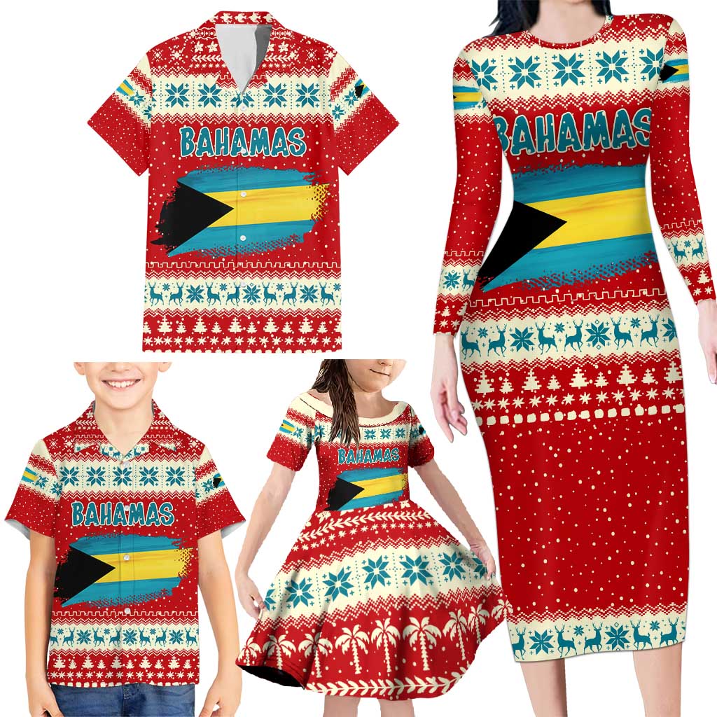 Bahamas Christmas Family Matching Long Sleeve Bodycon Dress and Hawaiian Shirt with Red Festive Pattern Sailing Santa and National Flag Motif - Wonder Print Shop