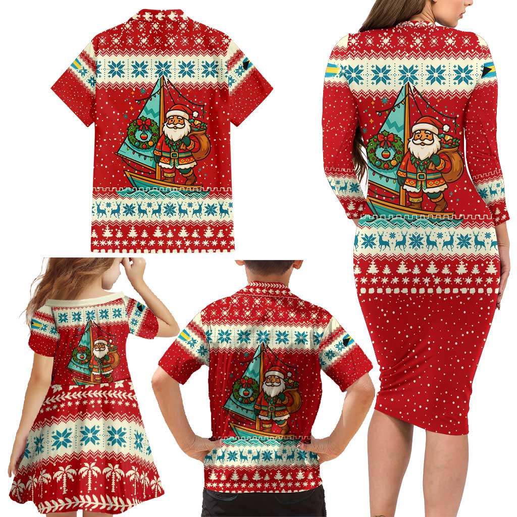 Bahamas Christmas Family Matching Long Sleeve Bodycon Dress and Hawaiian Shirt with Red Festive Pattern Sailing Santa and National Flag Motif - Wonder Print Shop