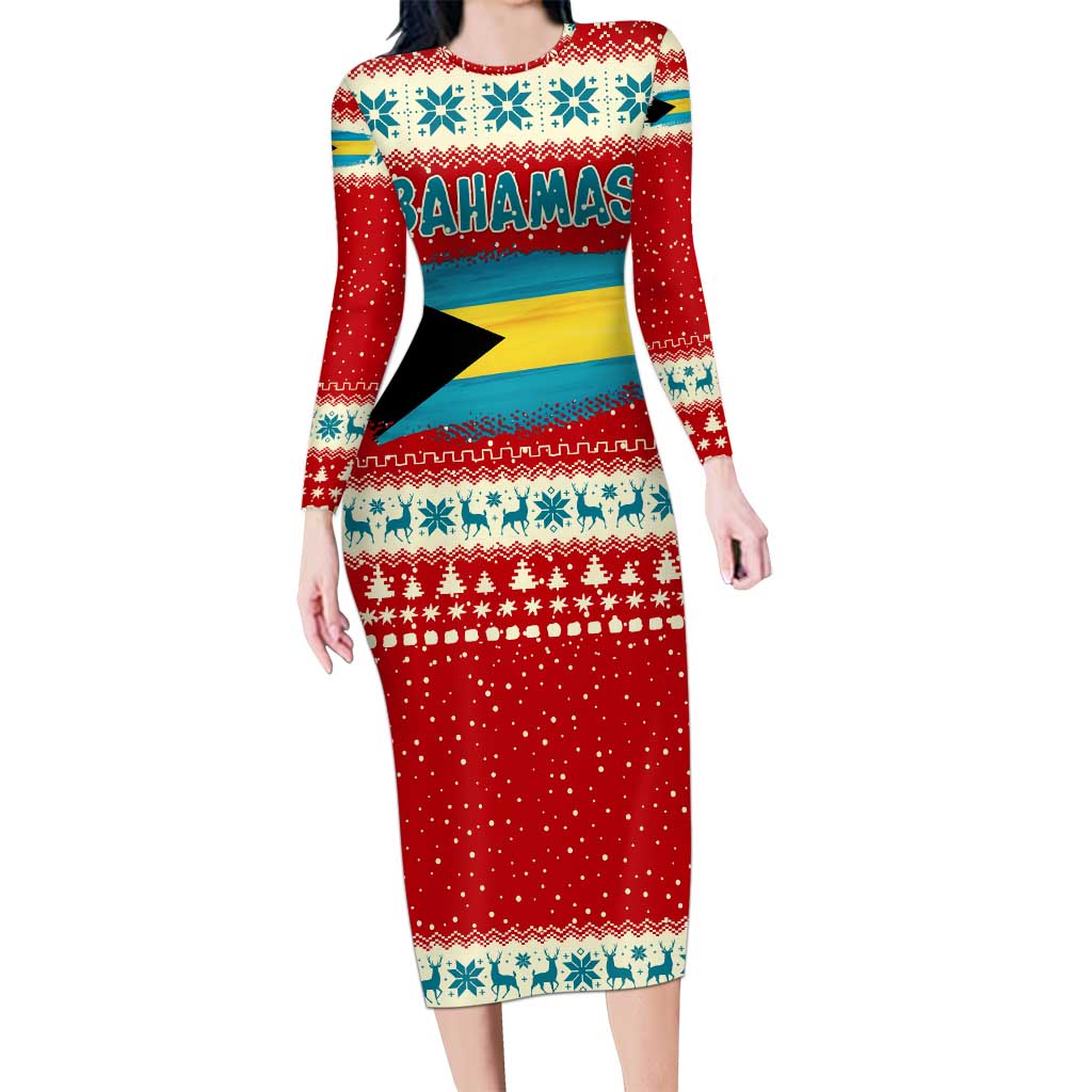 Bahamas Christmas Family Matching Long Sleeve Bodycon Dress and Hawaiian Shirt with Red Festive Pattern Sailing Santa and National Flag Motif - Wonder Print Shop