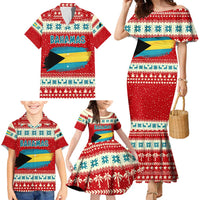 Bahamas Christmas Family Matching Mermaid Dress and Hawaiian Shirt with Red Festive Pattern Sailing Santa and National Flag Motif - Wonder Print Shop