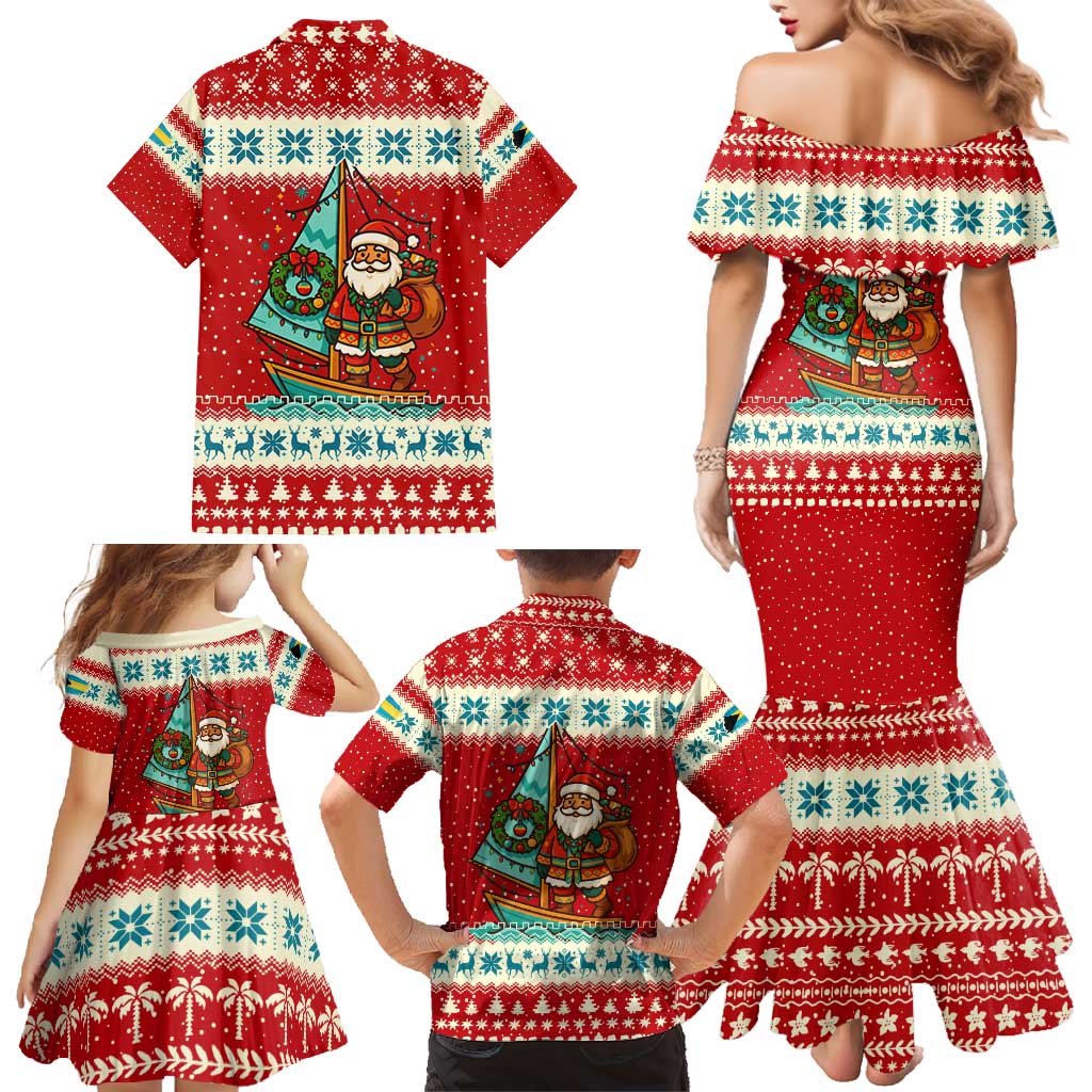 Bahamas Christmas Family Matching Mermaid Dress and Hawaiian Shirt with Red Festive Pattern Sailing Santa and National Flag Motif - Wonder Print Shop