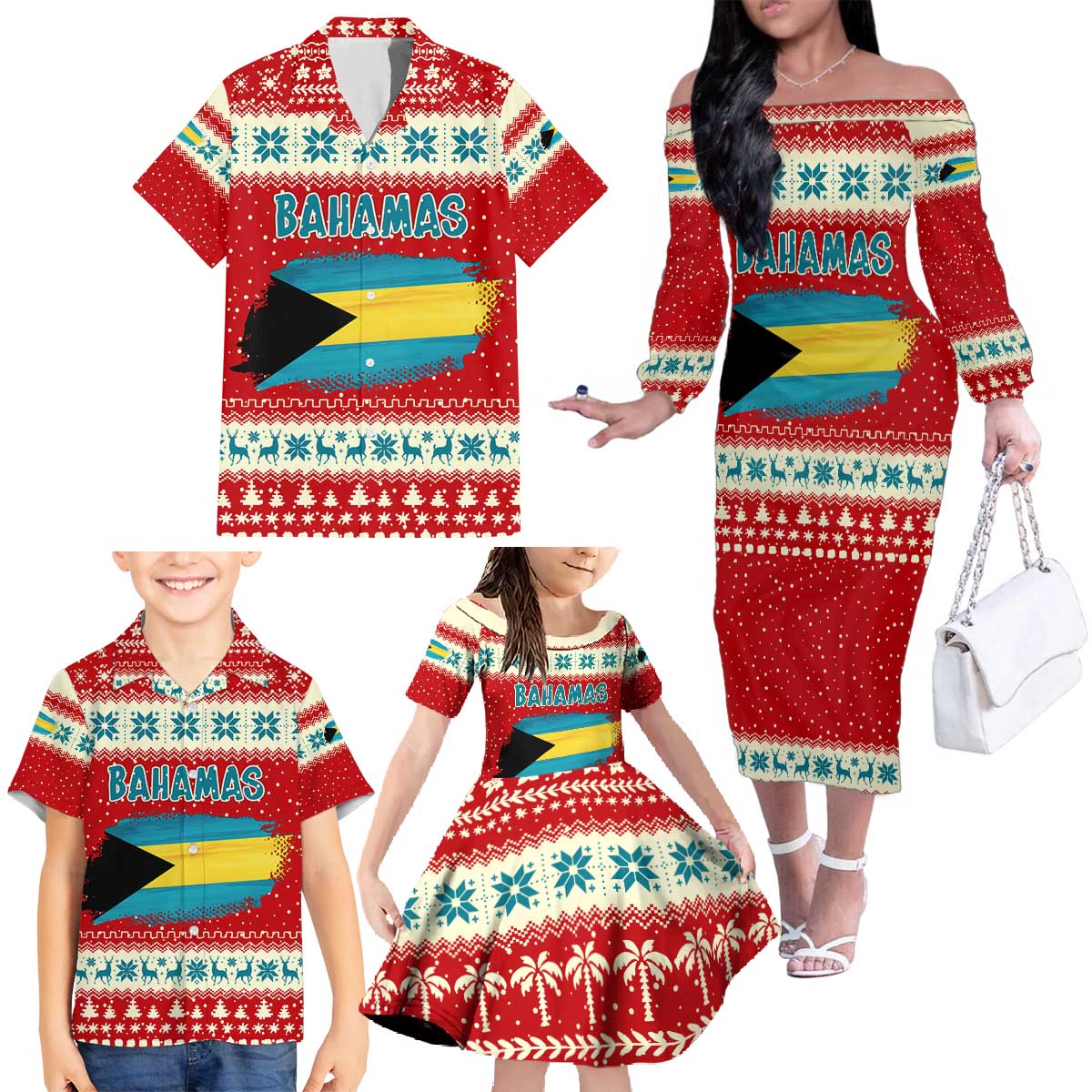 Bahamas Christmas Family Matching Off The Shoulder Long Sleeve Dress and Hawaiian Shirt with Red Festive Pattern Sailing Santa and National Flag Motif - Wonder Print Shop