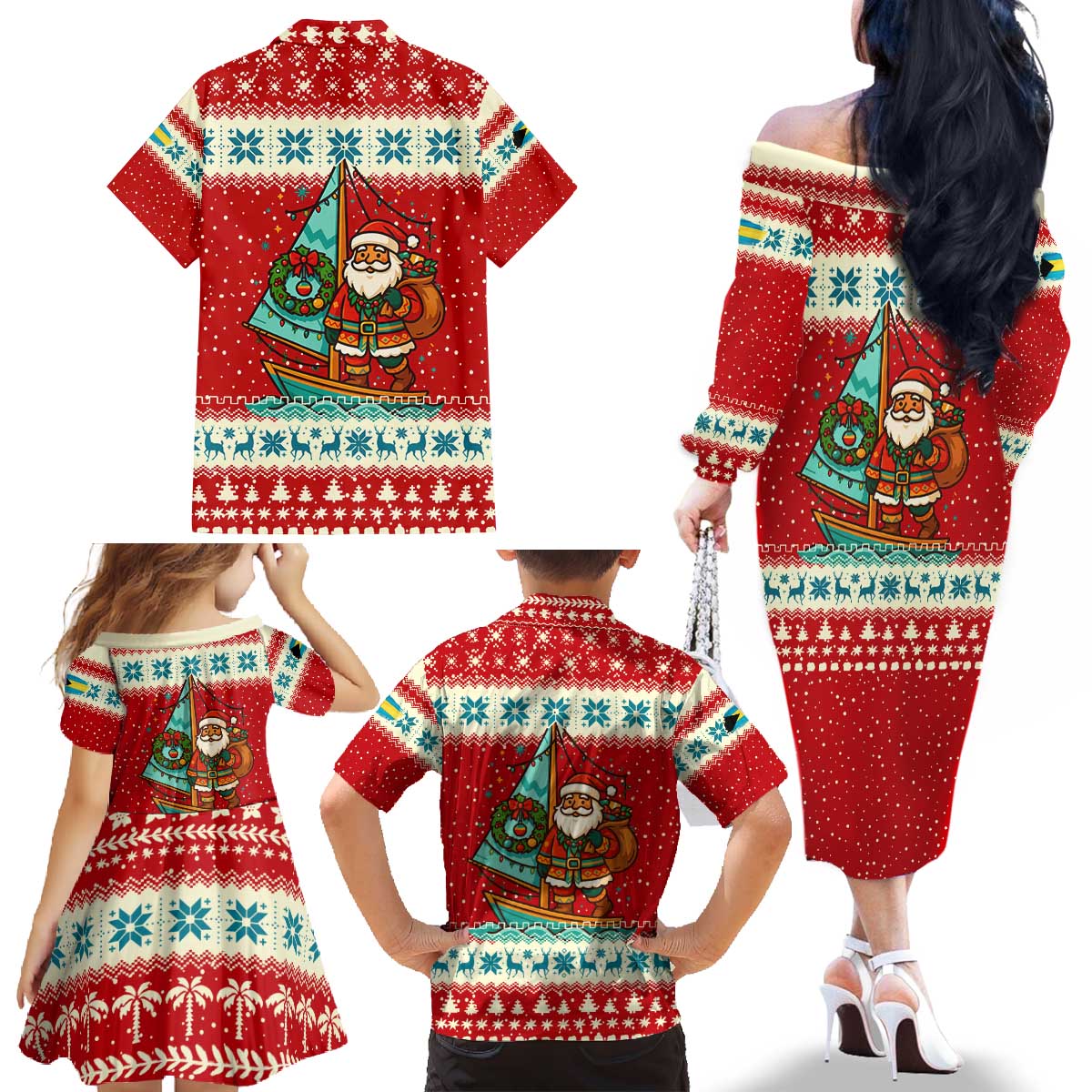 Bahamas Christmas Family Matching Off The Shoulder Long Sleeve Dress and Hawaiian Shirt with Red Festive Pattern Sailing Santa and National Flag Motif - Wonder Print Shop