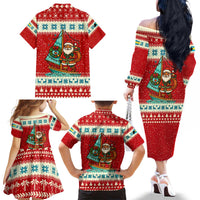 Bahamas Christmas Family Matching Off The Shoulder Long Sleeve Dress and Hawaiian Shirt with Red Festive Pattern Sailing Santa and National Flag Motif - Wonder Print Shop