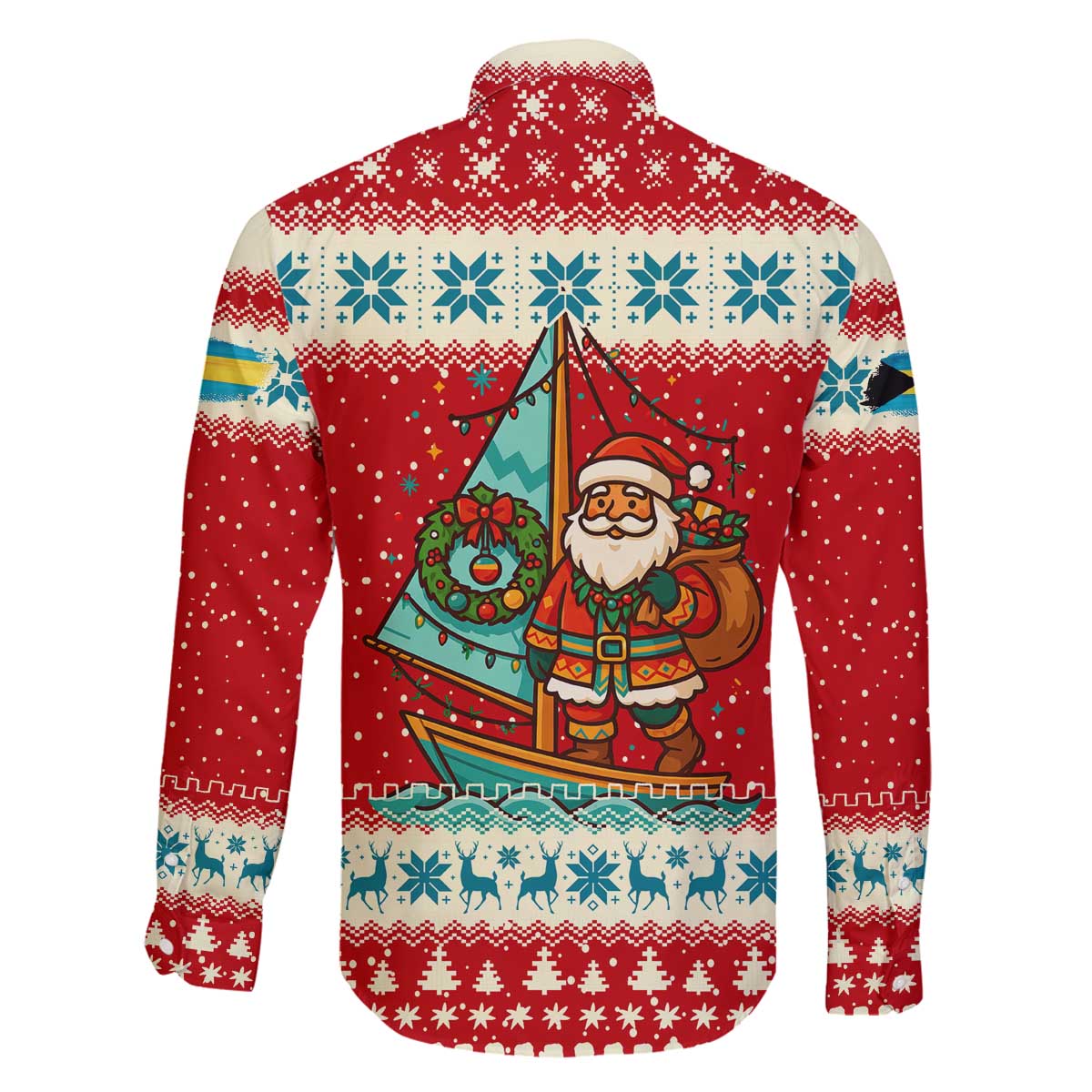 Bahamas Christmas Family Matching Off The Shoulder Long Sleeve Dress and Hawaiian Shirt with Red Festive Pattern Sailing Santa and National Flag Motif - Wonder Print Shop