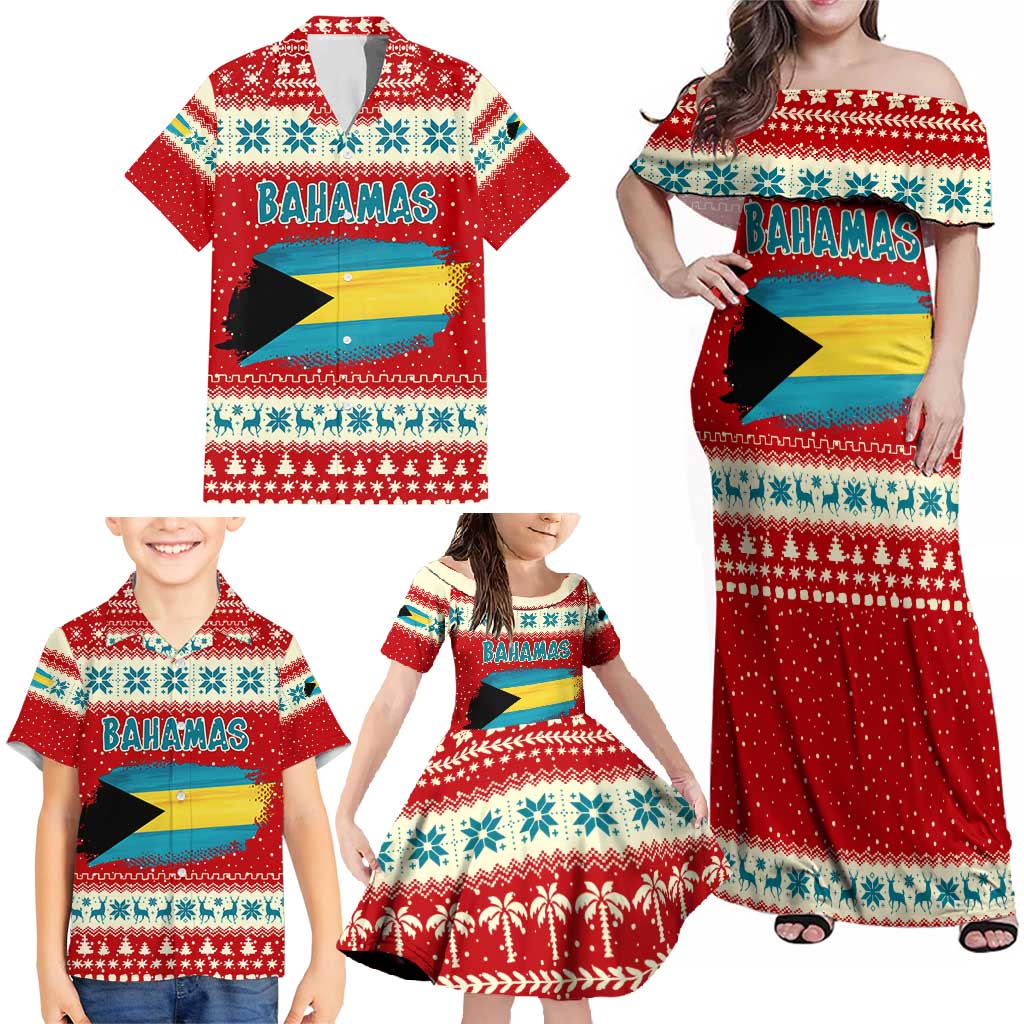 Bahamas Christmas Family Matching Off Shoulder Maxi Dress and Hawaiian Shirt with Red Festive Pattern Sailing Santa and National Flag Motif - Wonder Print Shop