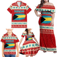 Bahamas Christmas Family Matching Off Shoulder Maxi Dress and Hawaiian Shirt with Red Festive Pattern Sailing Santa and National Flag Motif - Wonder Print Shop