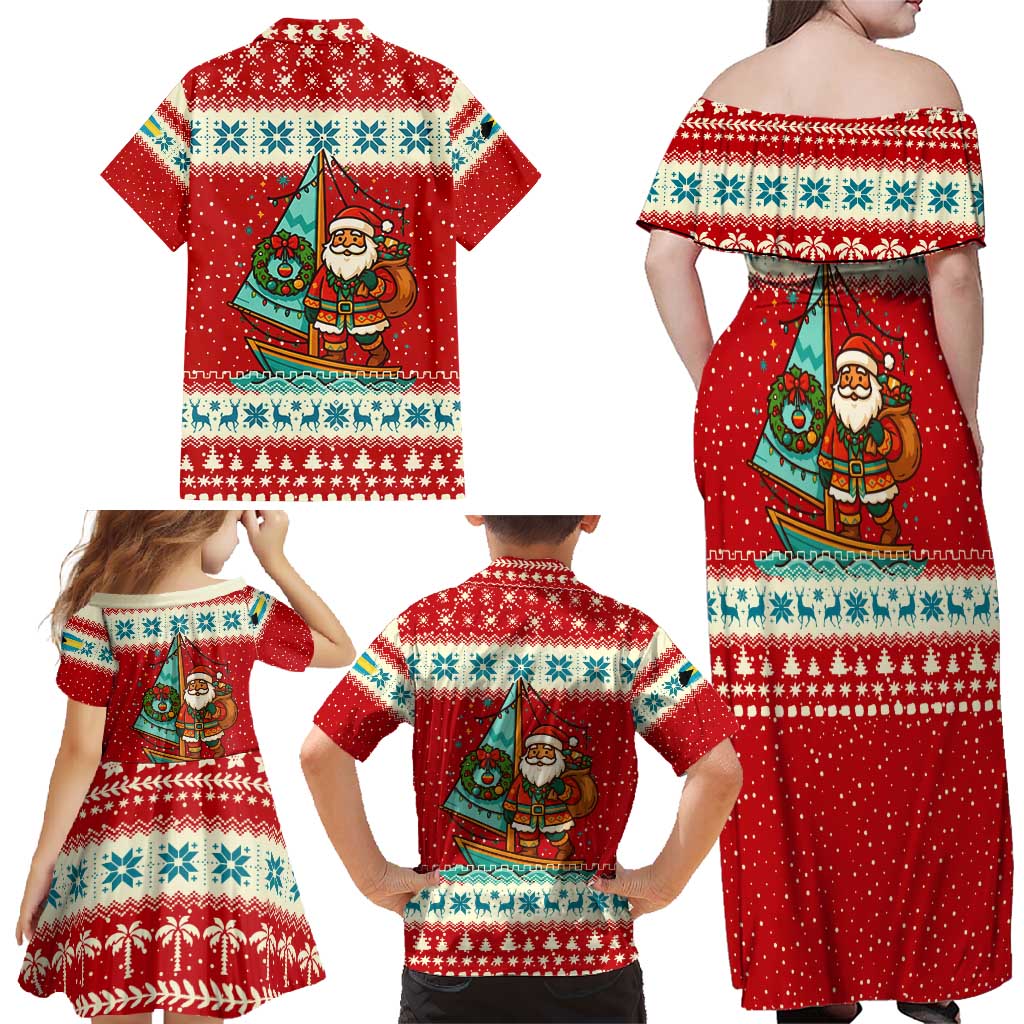 Bahamas Christmas Family Matching Off Shoulder Maxi Dress and Hawaiian Shirt with Red Festive Pattern Sailing Santa and National Flag Motif - Wonder Print Shop