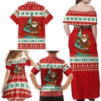 Bahamas Christmas Family Matching Off Shoulder Maxi Dress and Hawaiian Shirt with Red Festive Pattern Sailing Santa and National Flag Motif - Wonder Print Shop