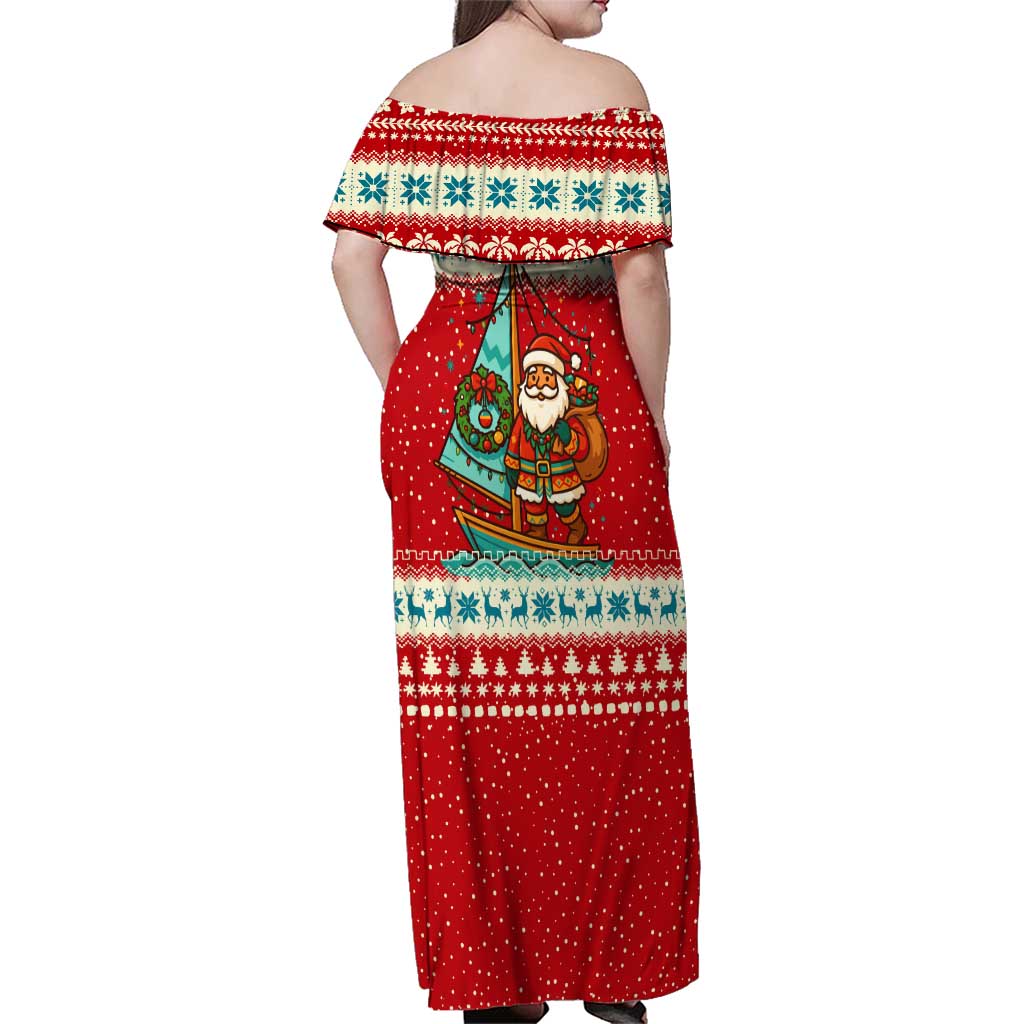 Bahamas Christmas Family Matching Off Shoulder Maxi Dress and Hawaiian Shirt with Red Festive Pattern Sailing Santa and National Flag Motif - Wonder Print Shop