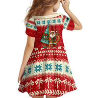 Bahamas Christmas Family Matching Off Shoulder Short Dress and Hawaiian Shirt with Red Festive Pattern Sailing Santa and National Flag Motif - Wonder Print Shop