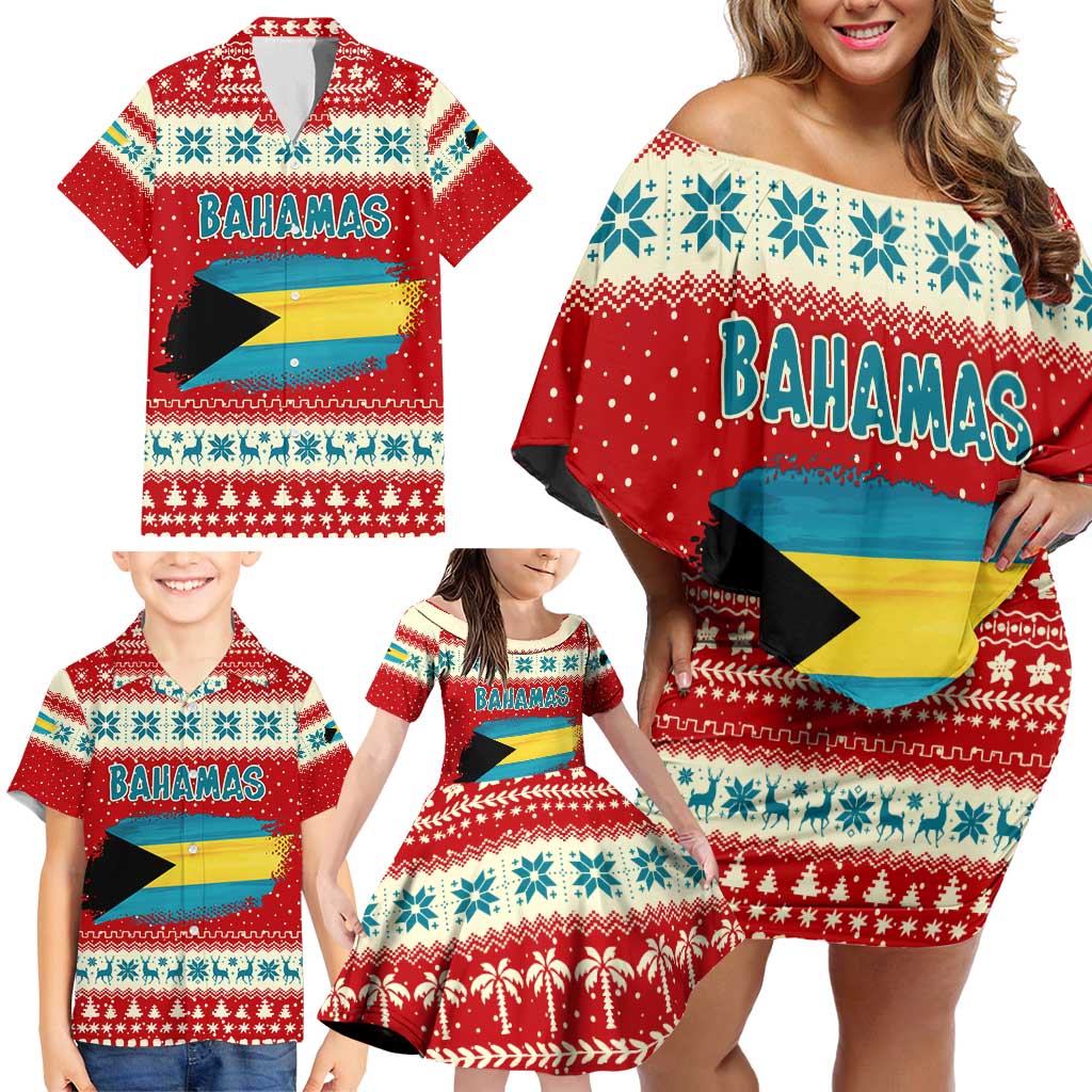 Bahamas Christmas Family Matching Off Shoulder Short Dress and Hawaiian Shirt with Red Festive Pattern Sailing Santa and National Flag Motif - Wonder Print Shop