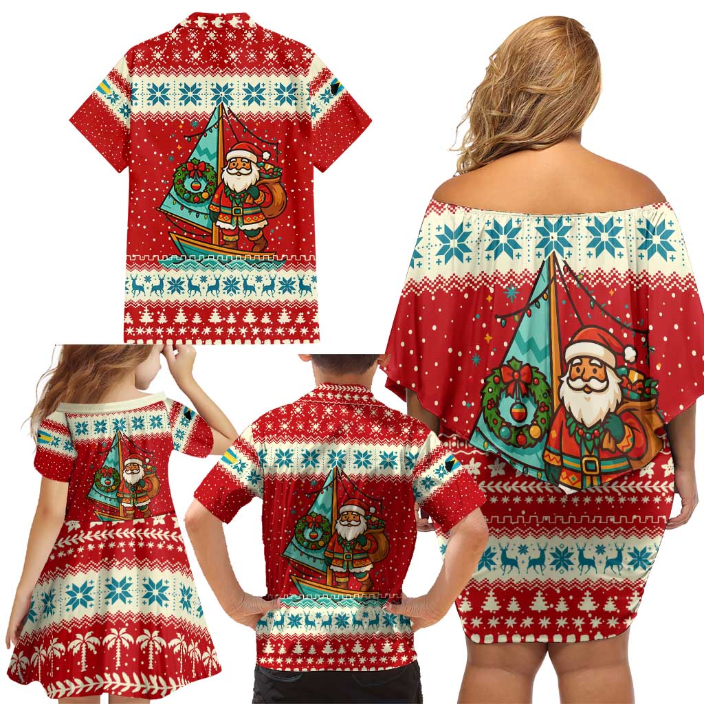 Bahamas Christmas Family Matching Off Shoulder Short Dress and Hawaiian Shirt with Red Festive Pattern Sailing Santa and National Flag Motif - Wonder Print Shop