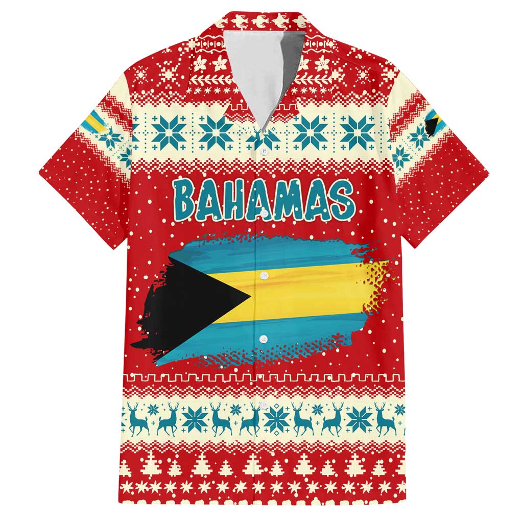 Bahamas Christmas Family Matching Off Shoulder Short Dress and Hawaiian Shirt with Red Festive Pattern Sailing Santa and National Flag Motif - Wonder Print Shop