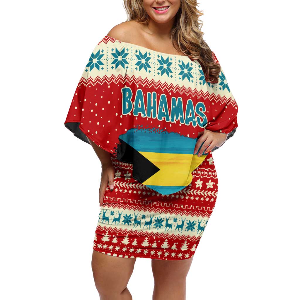 Bahamas Christmas Family Matching Off Shoulder Short Dress and Hawaiian Shirt with Red Festive Pattern Sailing Santa and National Flag Motif - Wonder Print Shop