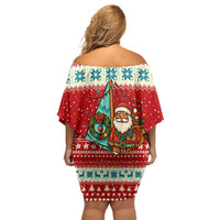 Bahamas Christmas Family Matching Off Shoulder Short Dress and Hawaiian Shirt with Red Festive Pattern Sailing Santa and National Flag Motif - Wonder Print Shop