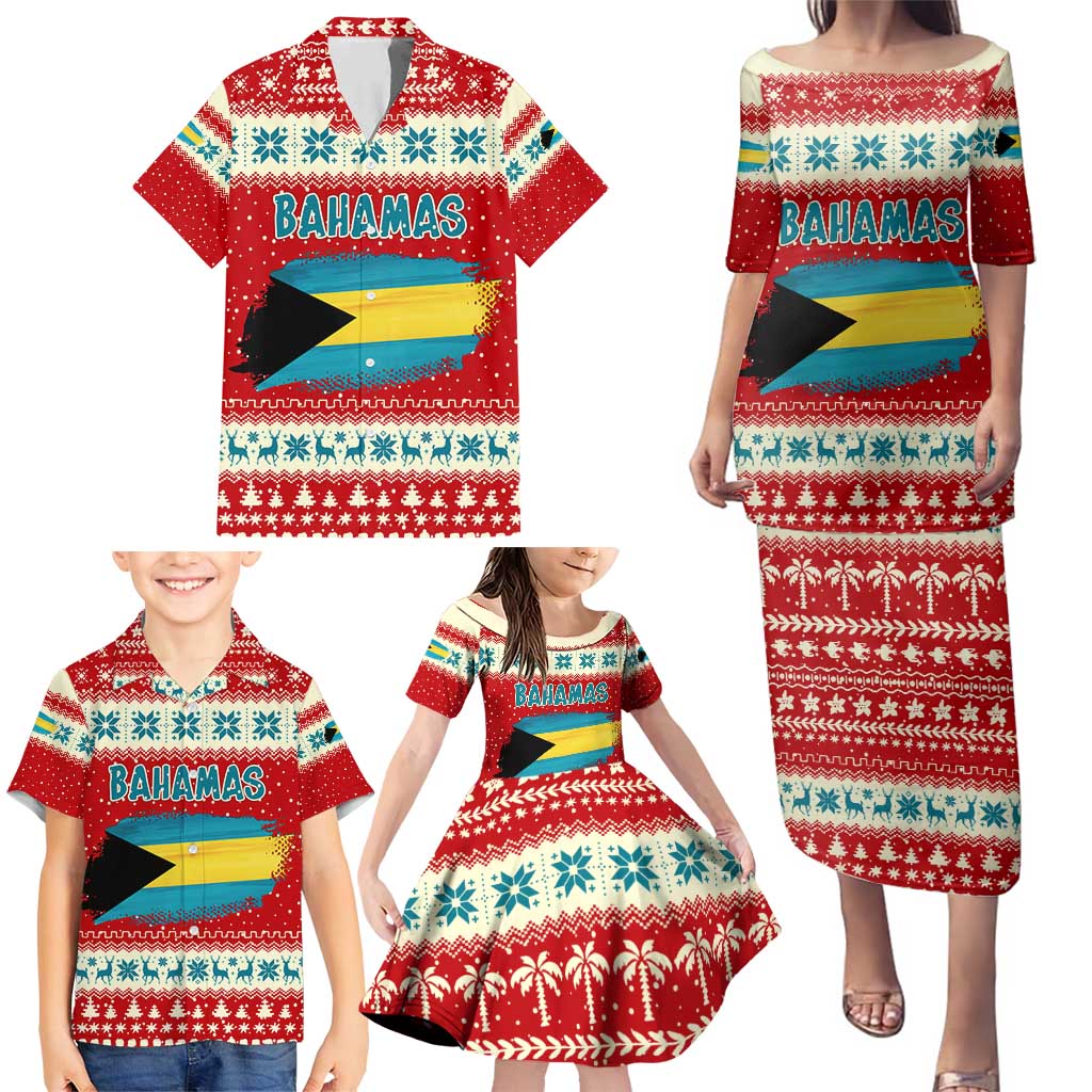 Bahamas Christmas Family Matching Puletasi and Hawaiian Shirt with Red Festive Pattern Sailing Santa and National Flag Motif - Wonder Print Shop