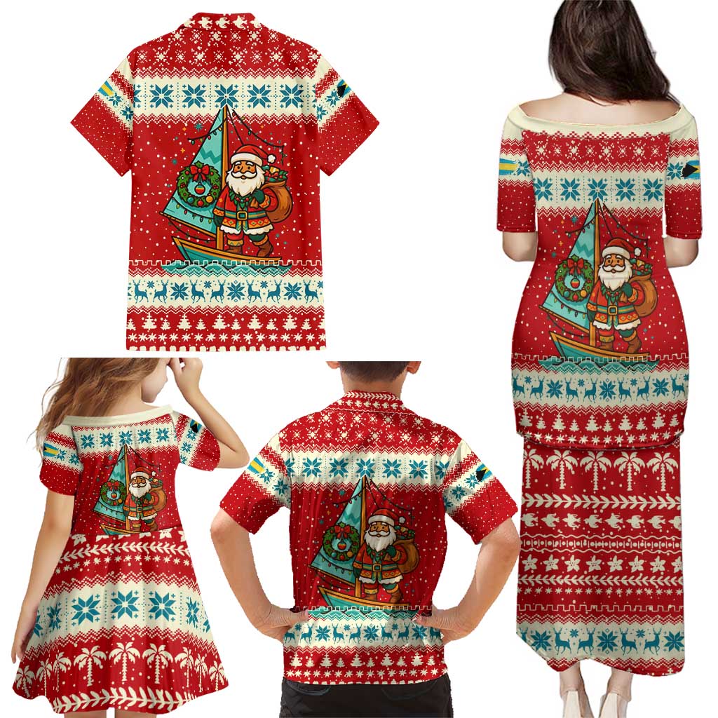Bahamas Christmas Family Matching Puletasi and Hawaiian Shirt with Red Festive Pattern Sailing Santa and National Flag Motif - Wonder Print Shop