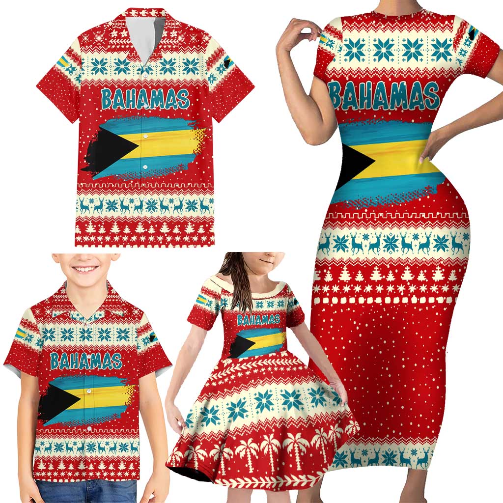 Bahamas Christmas Family Matching Short Sleeve Bodycon Dress and Hawaiian Shirt with Red Festive Pattern Sailing Santa and National Flag Motif - Wonder Print Shop
