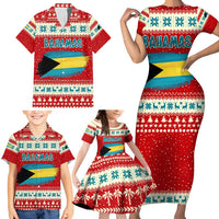 Bahamas Christmas Family Matching Short Sleeve Bodycon Dress and Hawaiian Shirt with Red Festive Pattern Sailing Santa and National Flag Motif - Wonder Print Shop