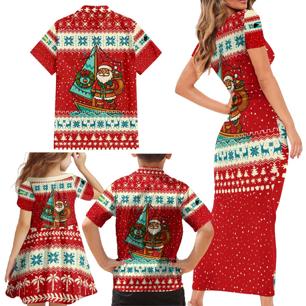 Bahamas Christmas Family Matching Short Sleeve Bodycon Dress and Hawaiian Shirt with Red Festive Pattern Sailing Santa and National Flag Motif - Wonder Print Shop