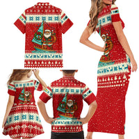 Bahamas Christmas Family Matching Short Sleeve Bodycon Dress and Hawaiian Shirt with Red Festive Pattern Sailing Santa and National Flag Motif - Wonder Print Shop