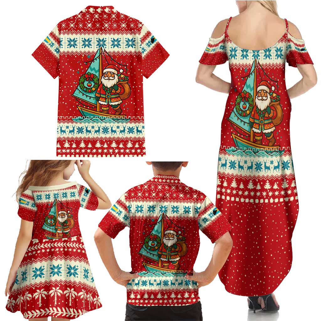 Bahamas Christmas Family Matching Summer Maxi Dress and Hawaiian Shirt with Red Festive Pattern Sailing Santa and National Flag Motif - Wonder Print Shop
