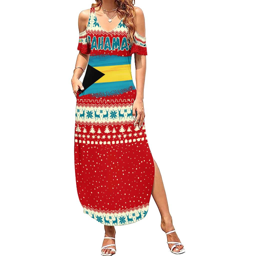 Bahamas Christmas Family Matching Summer Maxi Dress and Hawaiian Shirt with Red Festive Pattern Sailing Santa and National Flag Motif - Wonder Print Shop