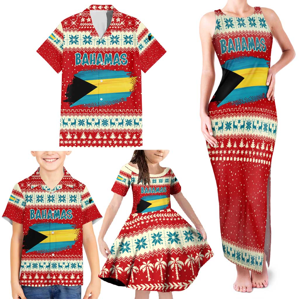 Bahamas Christmas Family Matching Tank Maxi Dress and Hawaiian Shirt with Red Festive Pattern Sailing Santa and National Flag Motif - Wonder Print Shop
