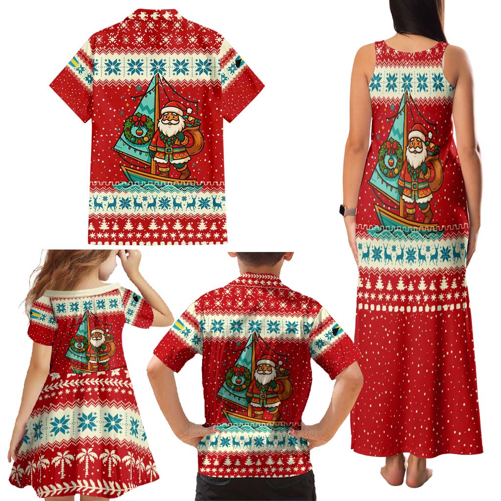 Bahamas Christmas Family Matching Tank Maxi Dress and Hawaiian Shirt with Red Festive Pattern Sailing Santa and National Flag Motif - Wonder Print Shop