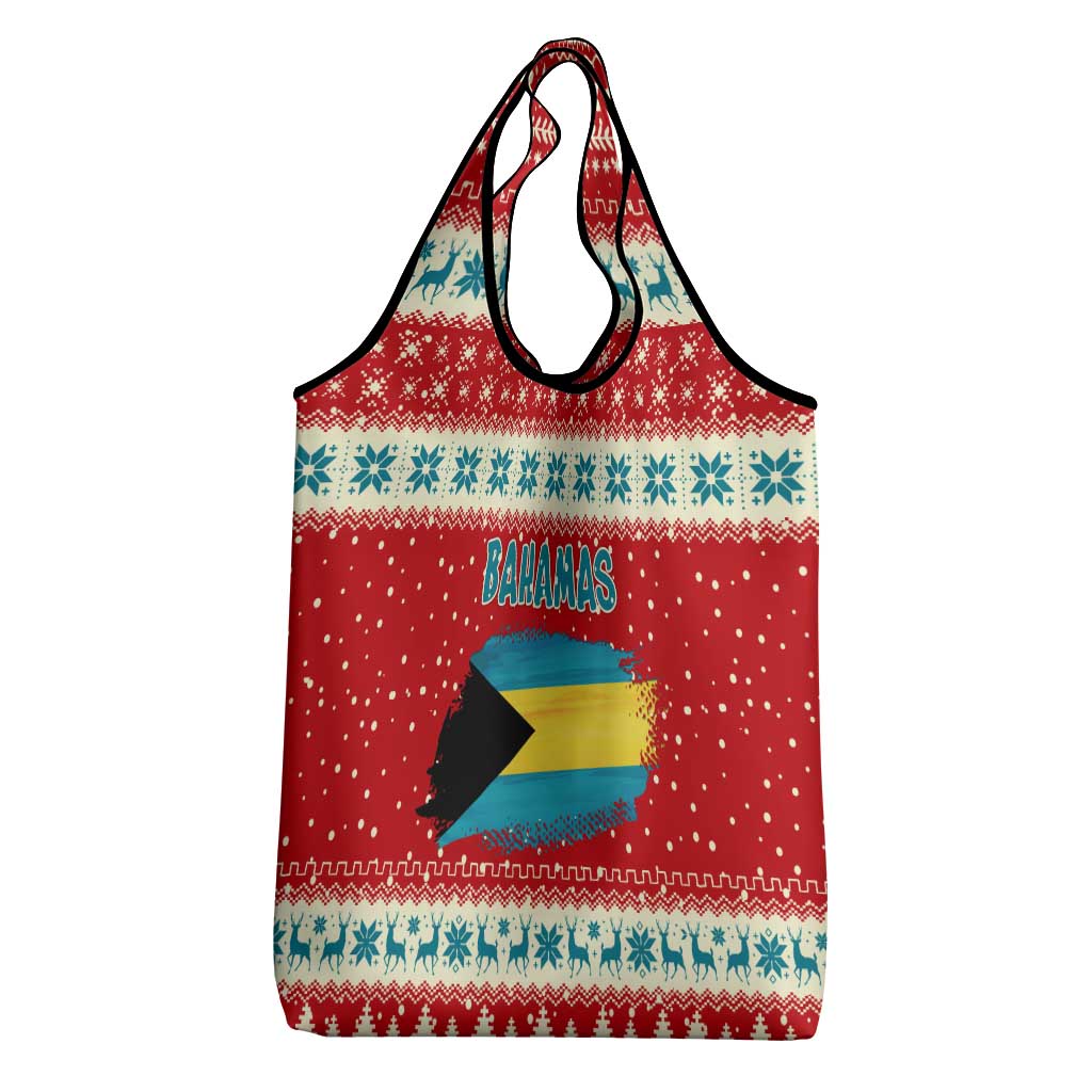 Bahamas Christmas Grocery Bag with Red Festive Pattern Sailing Santa and National Flag Motif - Wonder Print Shop