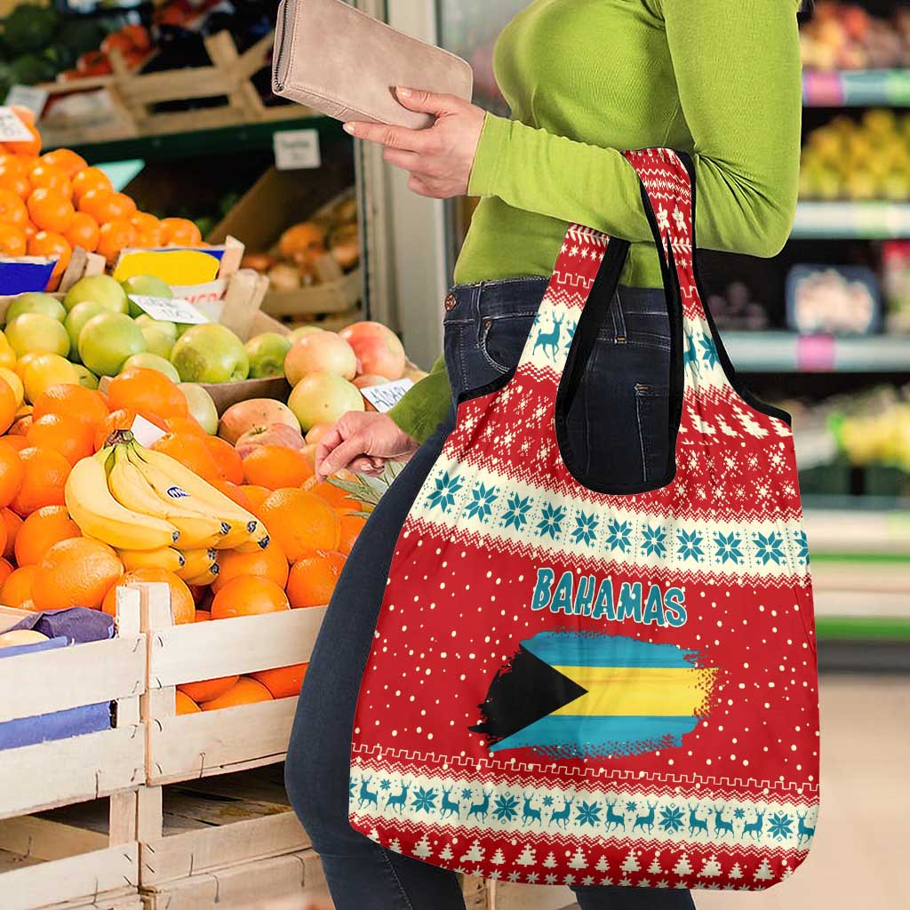 Bahamas Christmas Grocery Bag with Red Festive Pattern Sailing Santa and National Flag Motif - Wonder Print Shop