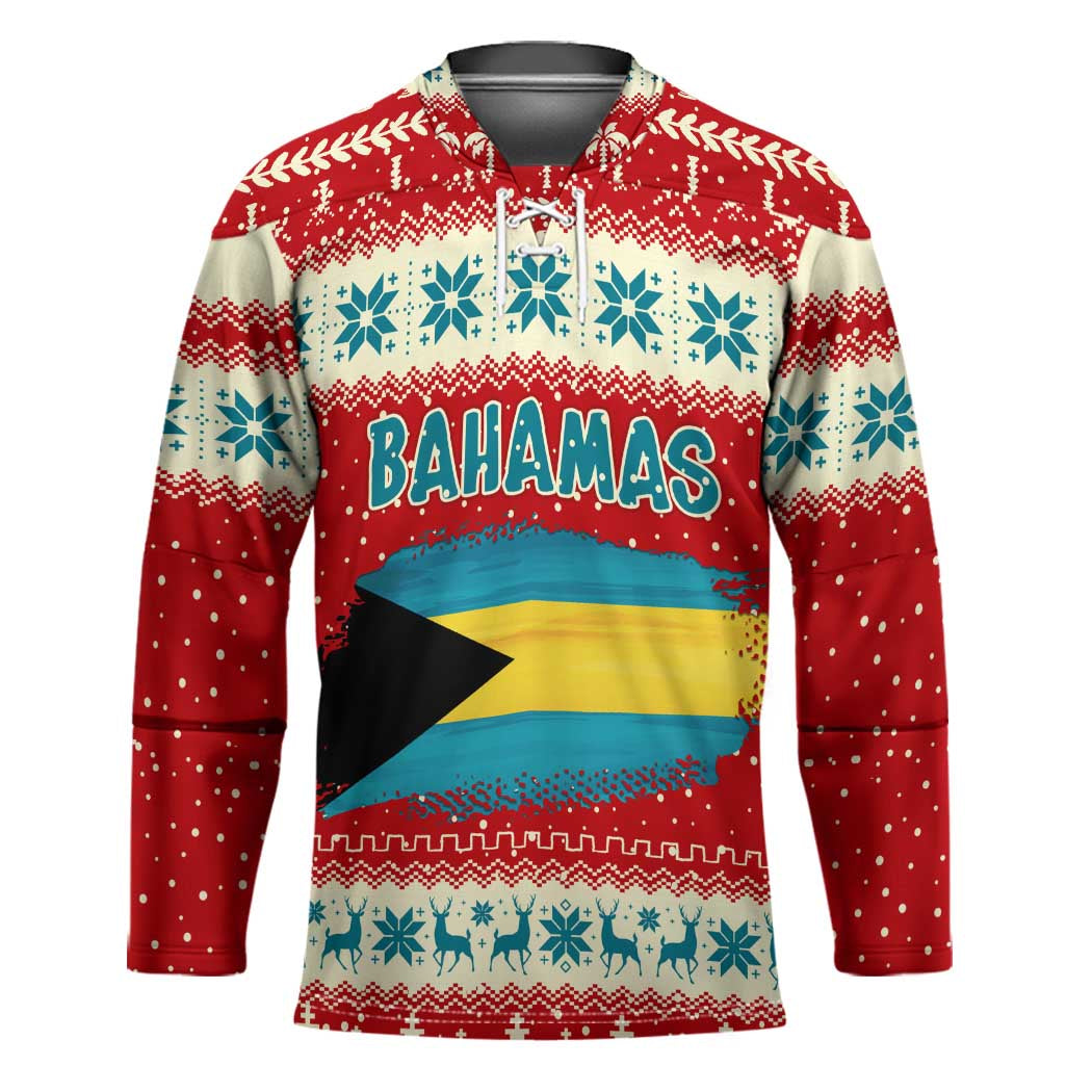 Bahamas Christmas Hockey Jersey with Red Festive Pattern Sailing Santa and National Flag Motif - Wonder Print Shop