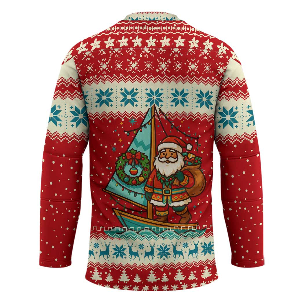 Bahamas Christmas Hockey Jersey with Red Festive Pattern Sailing Santa and National Flag Motif - Wonder Print Shop