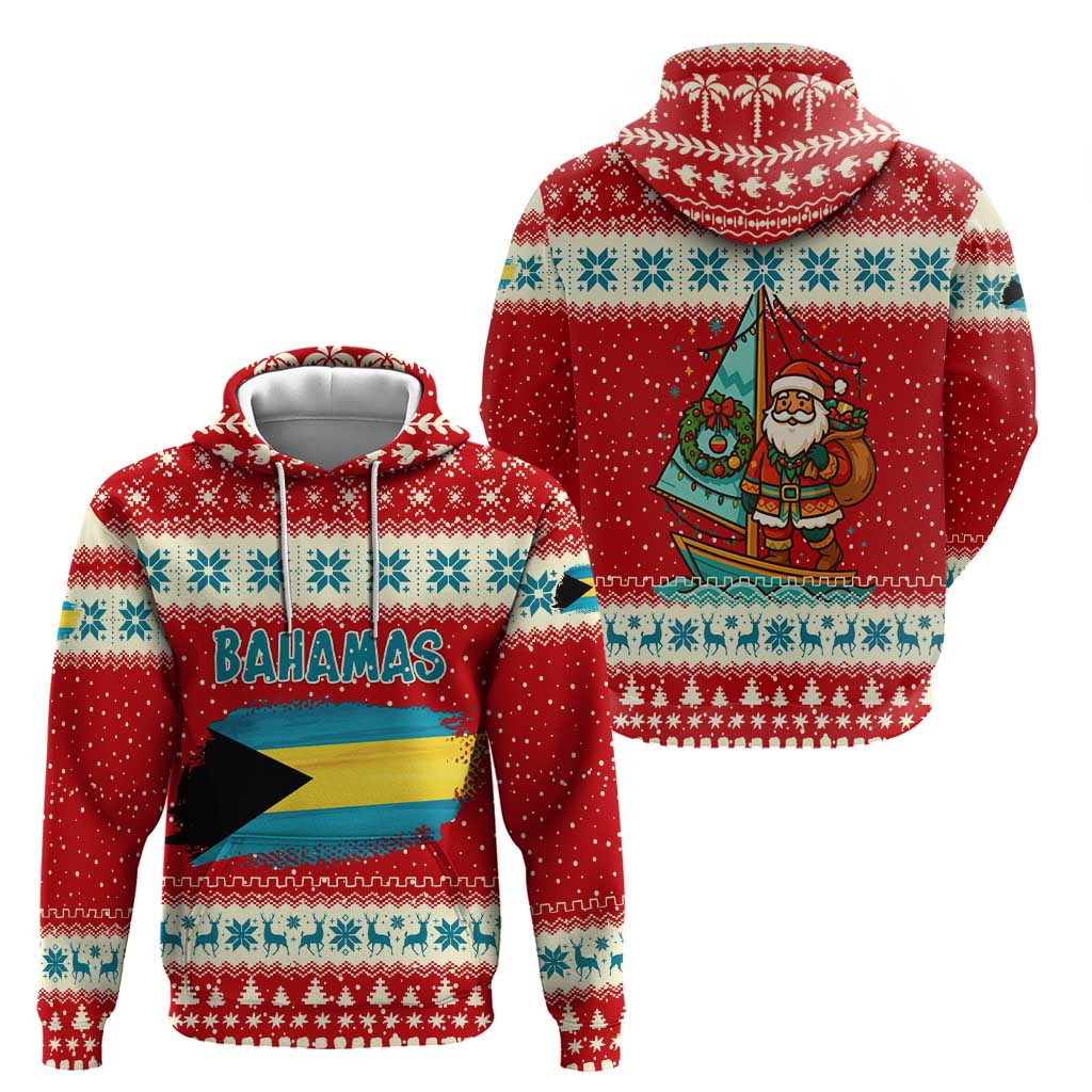 Bahamas Christmas Hoodie with Red Festive Pattern Sailing Santa and National Flag Motif - Wonder Print Shop