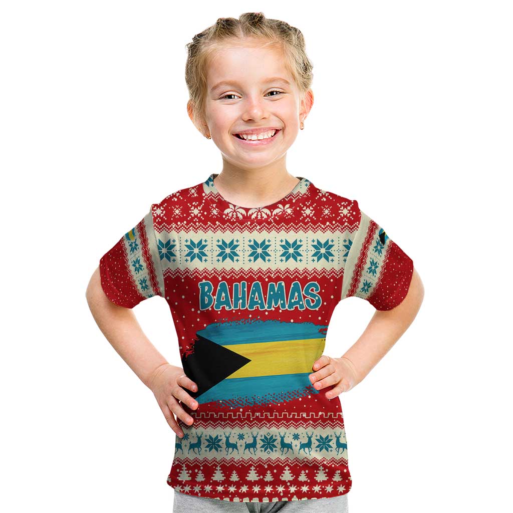 Bahamas Christmas Kid T Shirt with Red Festive Pattern Sailing Santa and National Flag Motif - Wonder Print Shop