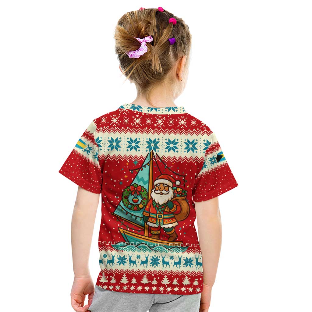 Bahamas Christmas Kid T Shirt with Red Festive Pattern Sailing Santa and National Flag Motif - Wonder Print Shop