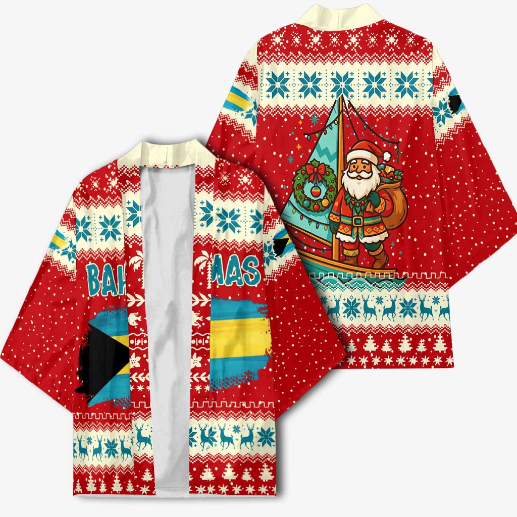 Bahamas Christmas Kimono with Red Festive Pattern Sailing Santa and National Flag Motif - Wonder Print Shop