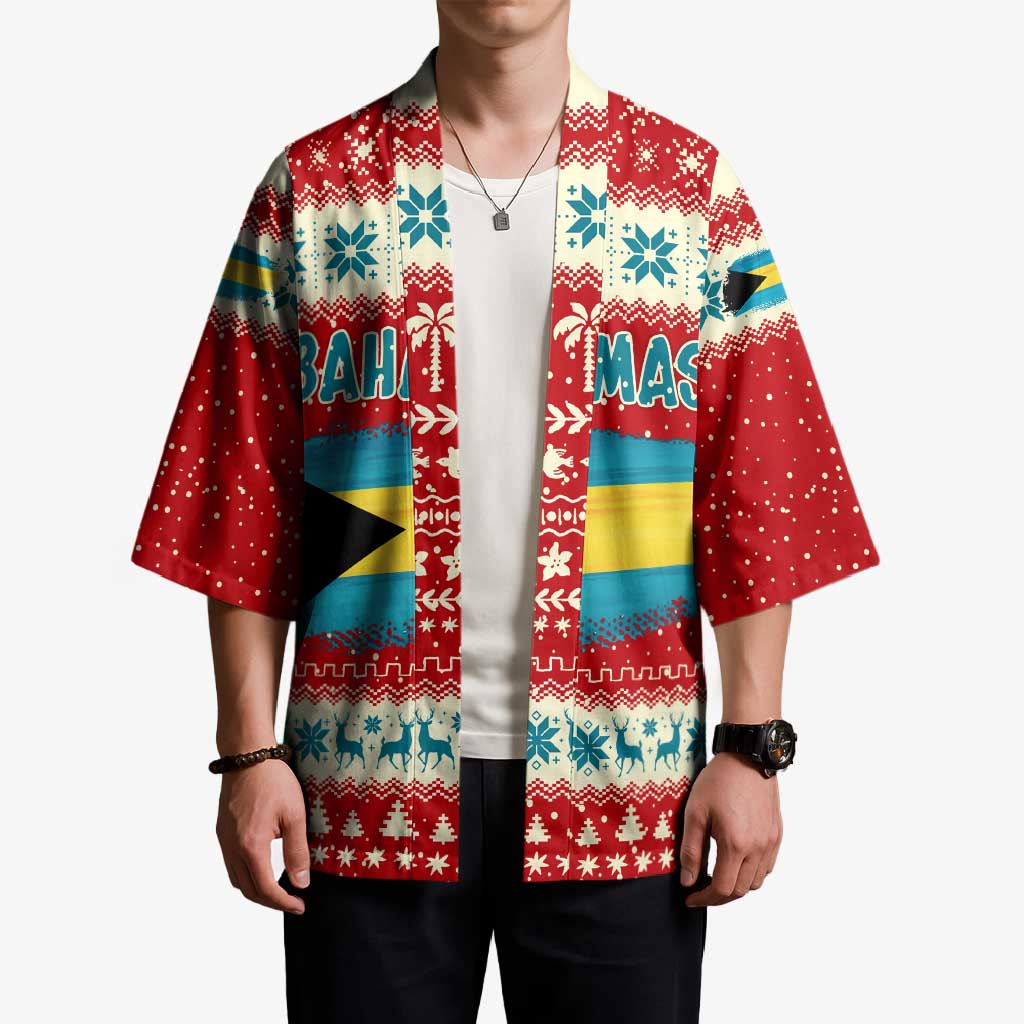 Bahamas Christmas Kimono with Red Festive Pattern Sailing Santa and National Flag Motif - Wonder Print Shop
