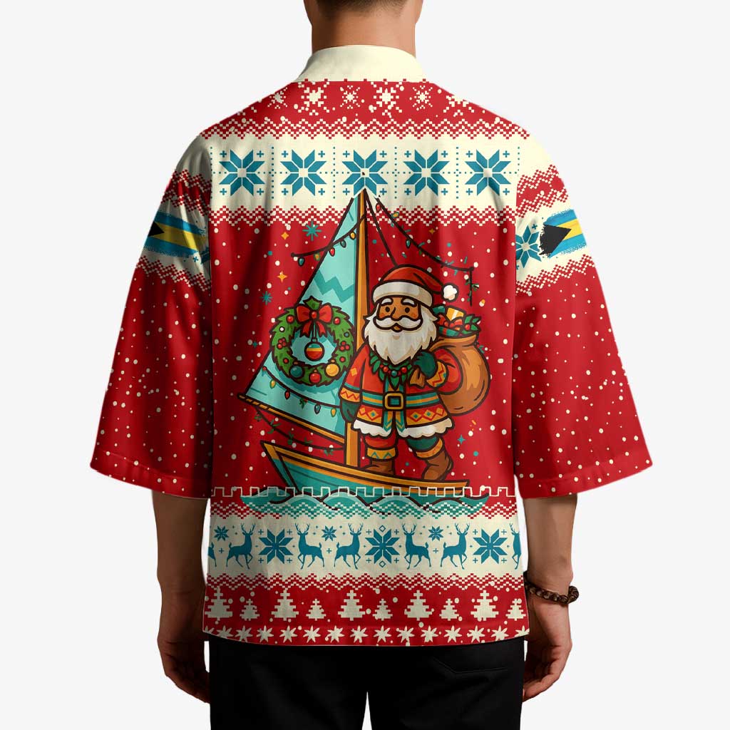 Bahamas Christmas Kimono with Red Festive Pattern Sailing Santa and National Flag Motif - Wonder Print Shop