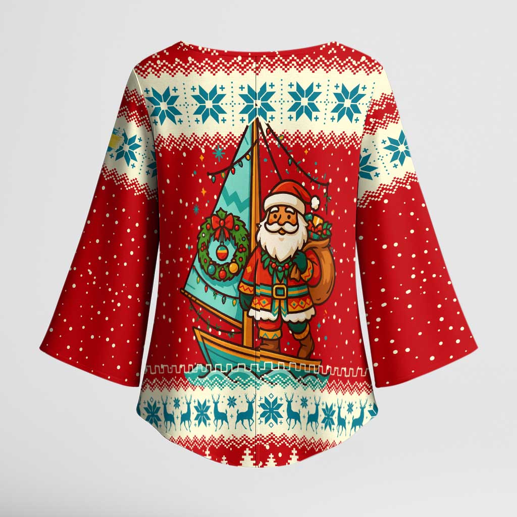 Bahamas Christmas Kimono Sleeve Blouse with Red Festive Pattern Sailing Santa and National Flag Motif - Wonder Print Shop